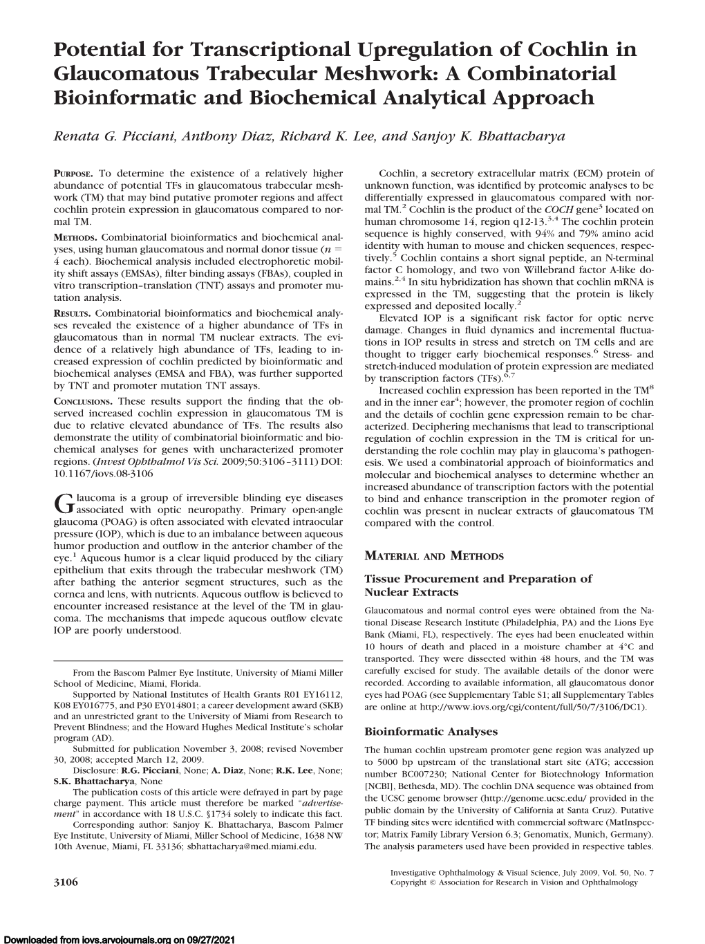 Potential for Transcriptional Upregulation of Cochlin in Glaucomatous Trabecular Meshwork: a Combinatorial Bioinformatic and Biochemical Analytical Approach