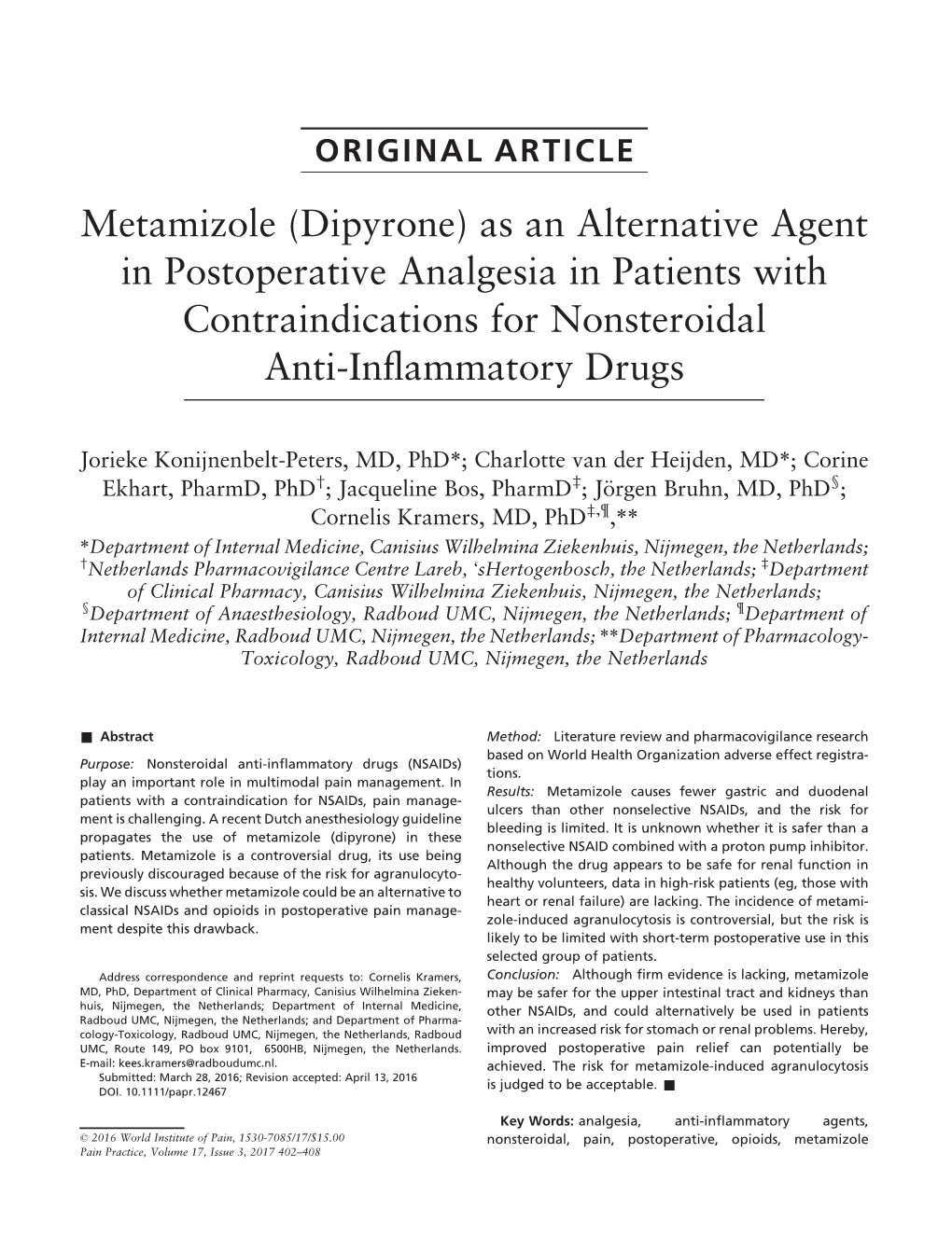 Metamizole (Dipyrone) As an Alternative Agent in Postoperative Analgesia in Patients with Contraindications for Nonsteroidal Anti-Inﬂammatory Drugs