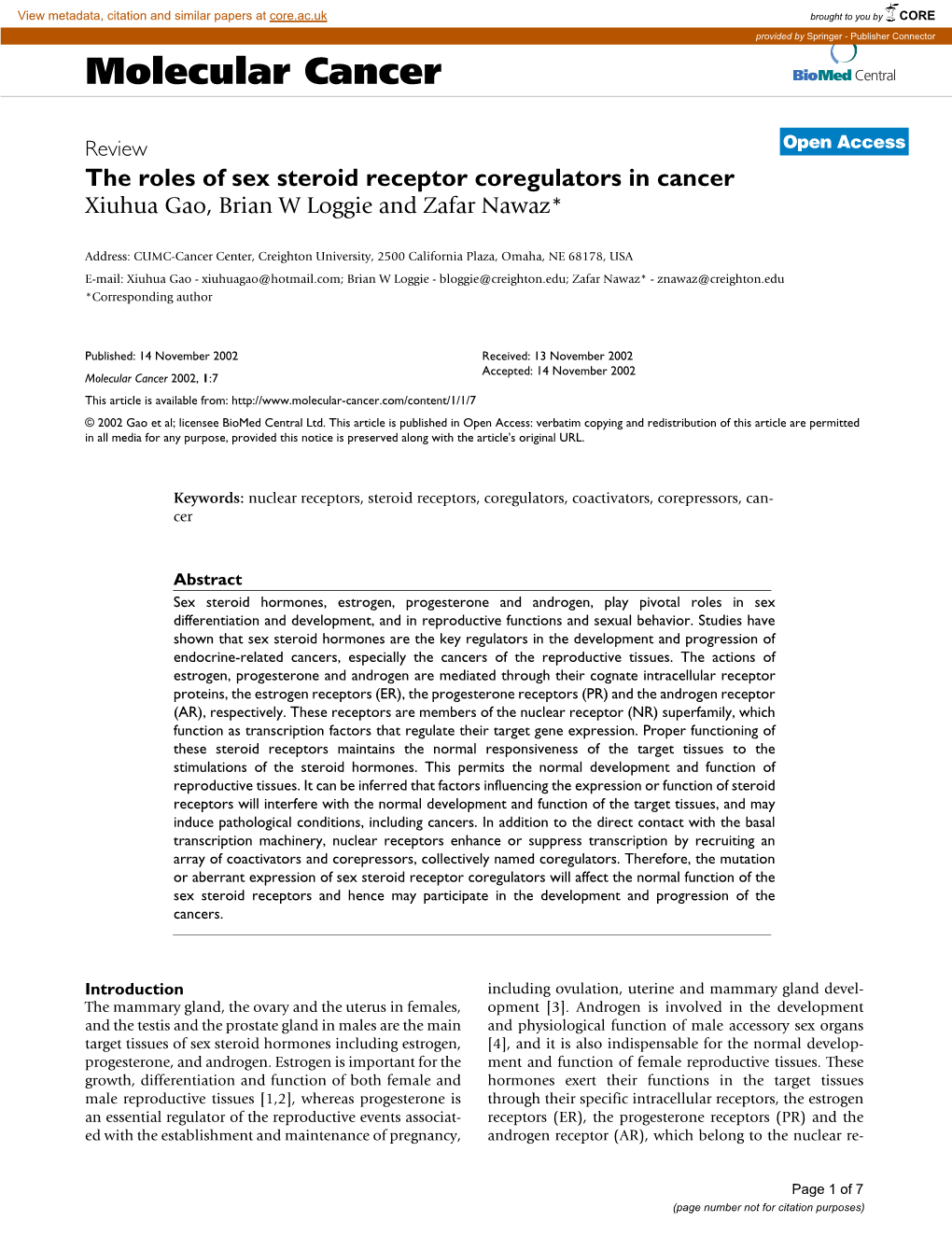 Molecular Cancer Biomed Central