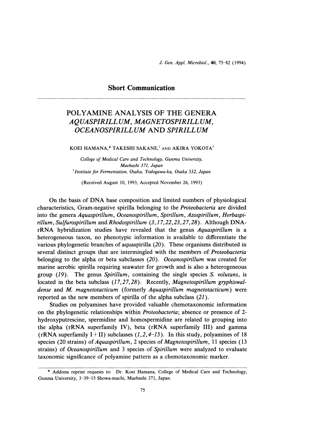 Polyamine Analysis of the Genera Aqua Spirill Um, Magnetospirill Um, Oceanospirill Um and Spir Ill Um