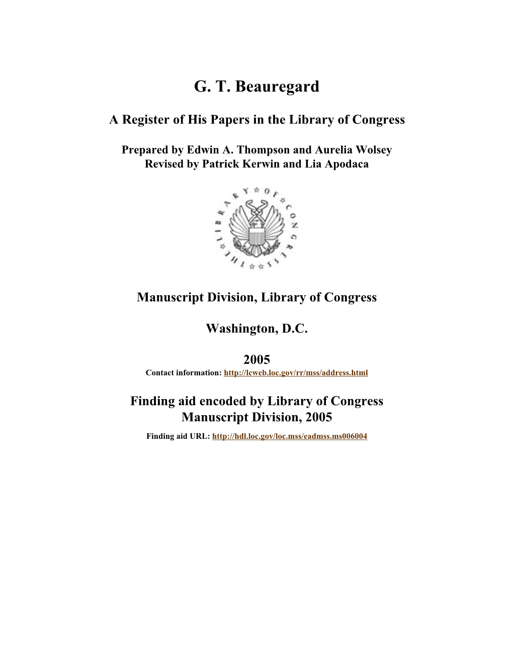 Papers of G. T. Beauregard [Finding Aid]. Library of Congress. [PDF