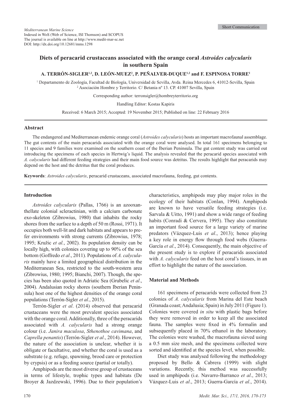 Diets of Peracarid Crustaceans Associated with the Orange Coral Astroides Calycularis in Southern Spain A