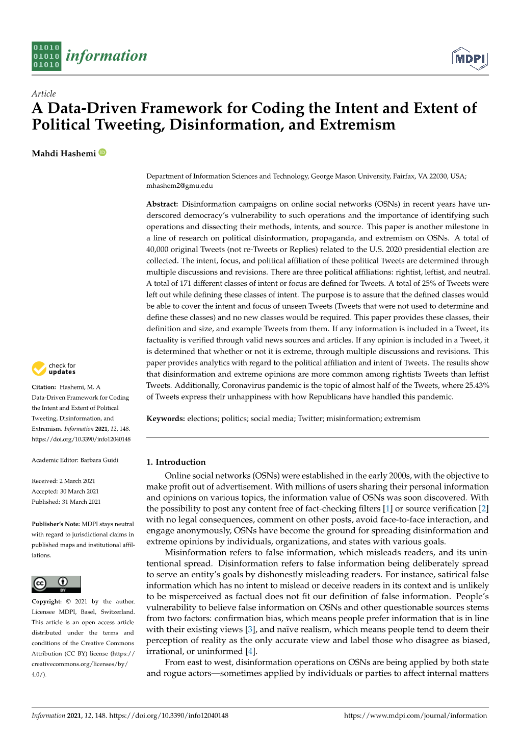 A Data-Driven Framework for Coding the Intent and Extent of Political Tweeting, Disinformation, and Extremism