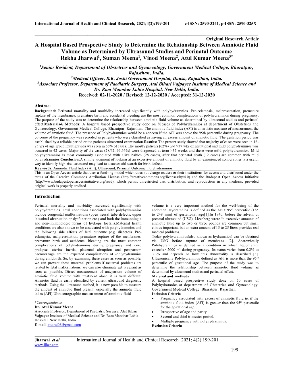 A Hospital Based Prospective Study to Determine the Relationship Between Amniotic Fluid Volume As Determined by Ultrasound Studi