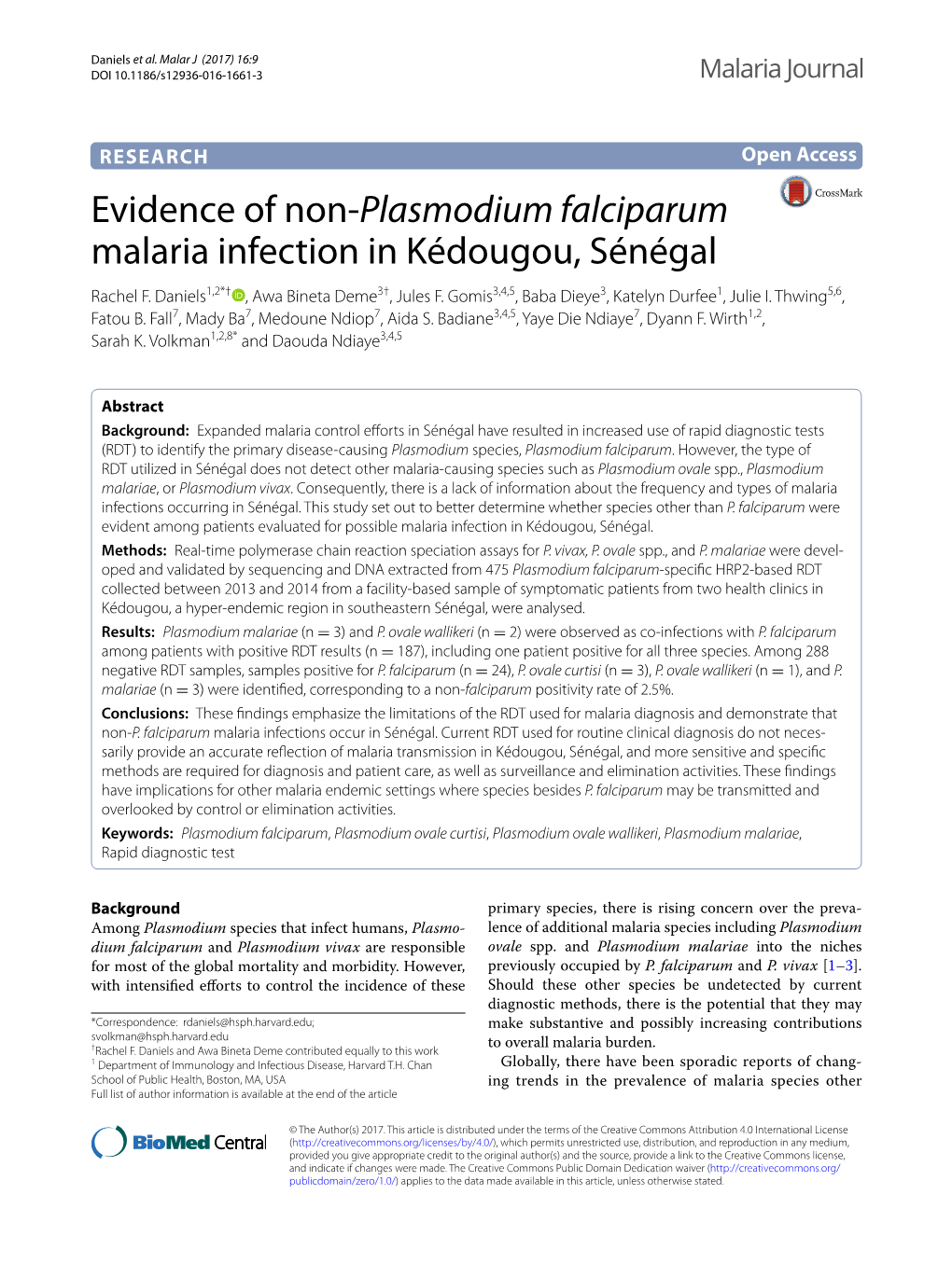 Evidence of Non-Plasmodium Falciparum Malaria Infection in Kédougou, Sénégal