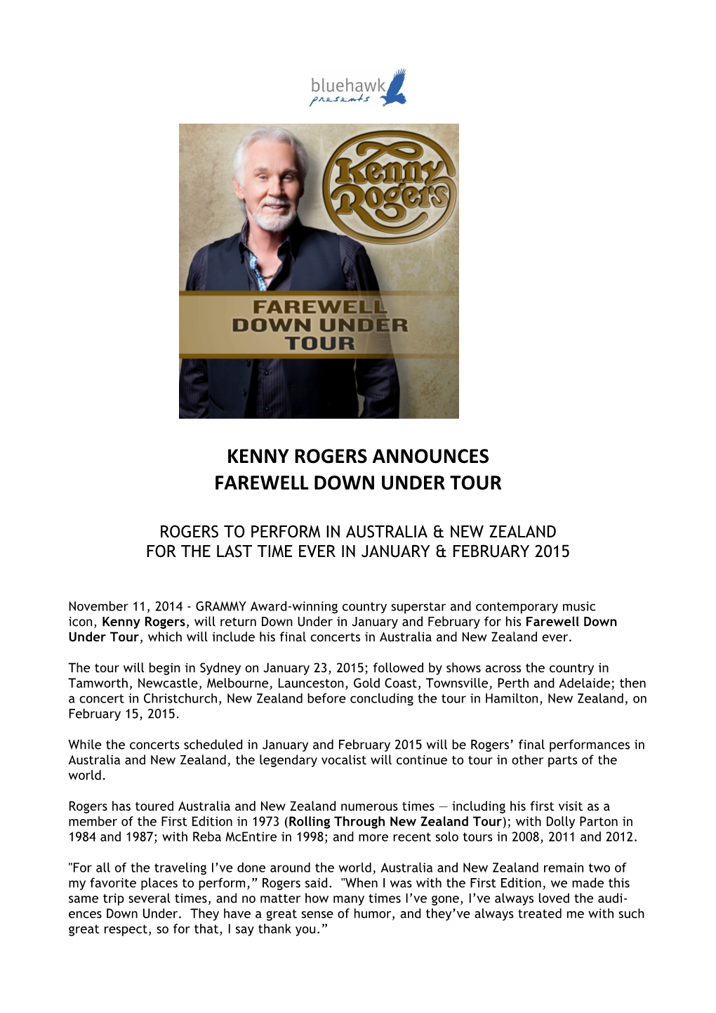 Kenny Rogers Announces Farewell Down Under Tour