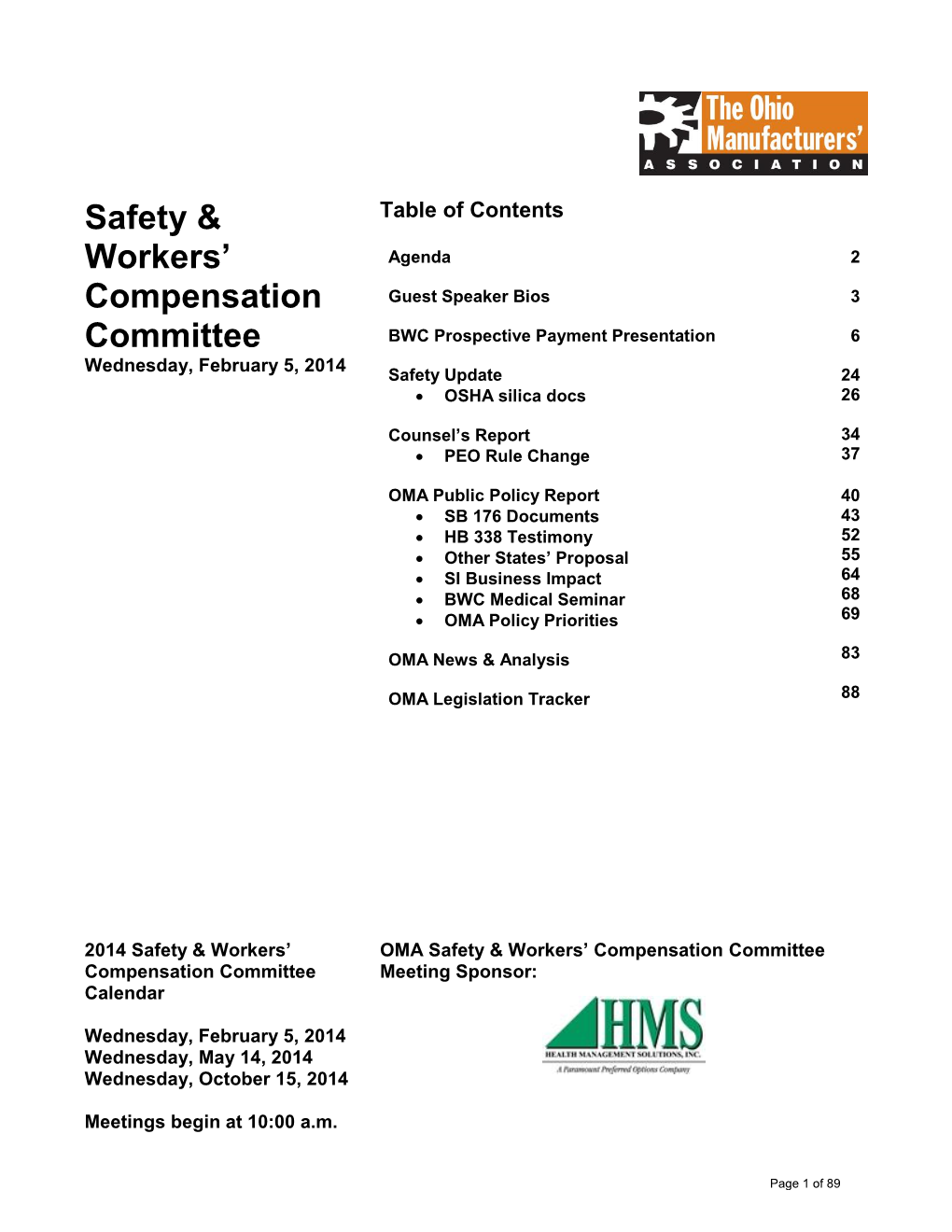 OMA Safety & Workers' Compensation Committee Meeting Materials