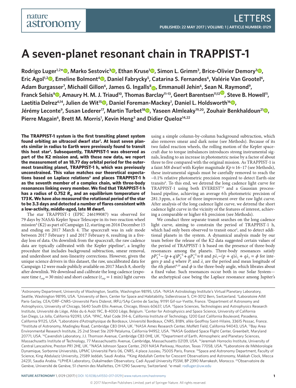 A Seven-Planet Resonant Chain in TRAPPIST-1