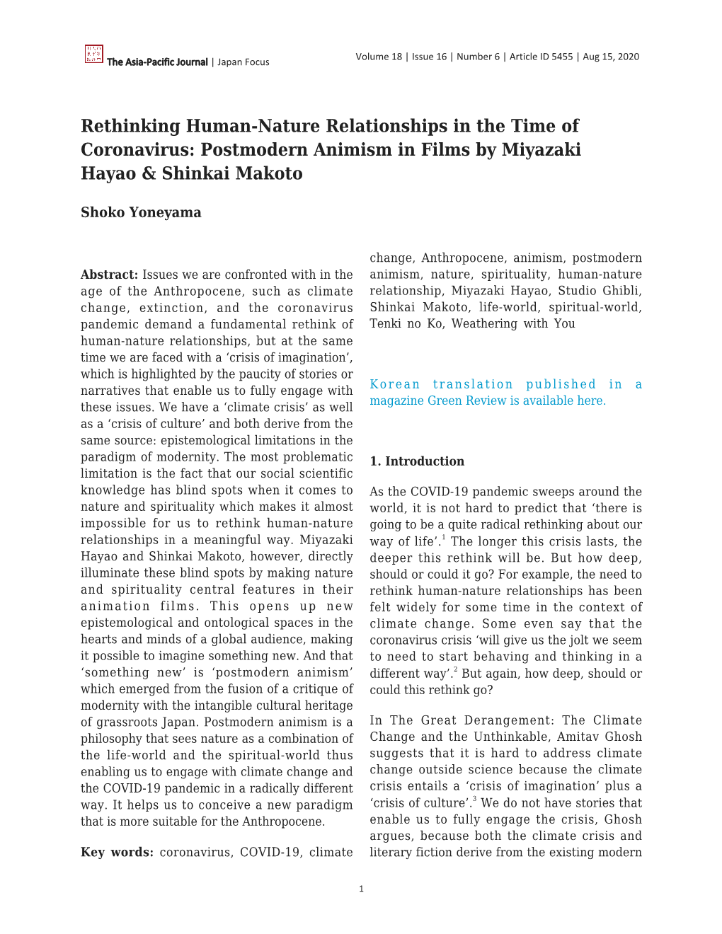 Rethinking Human-Nature Relationships in the Time of Coronavirus: Postmodern Animism in Films by Miyazaki Hayao & Shinkai Ma