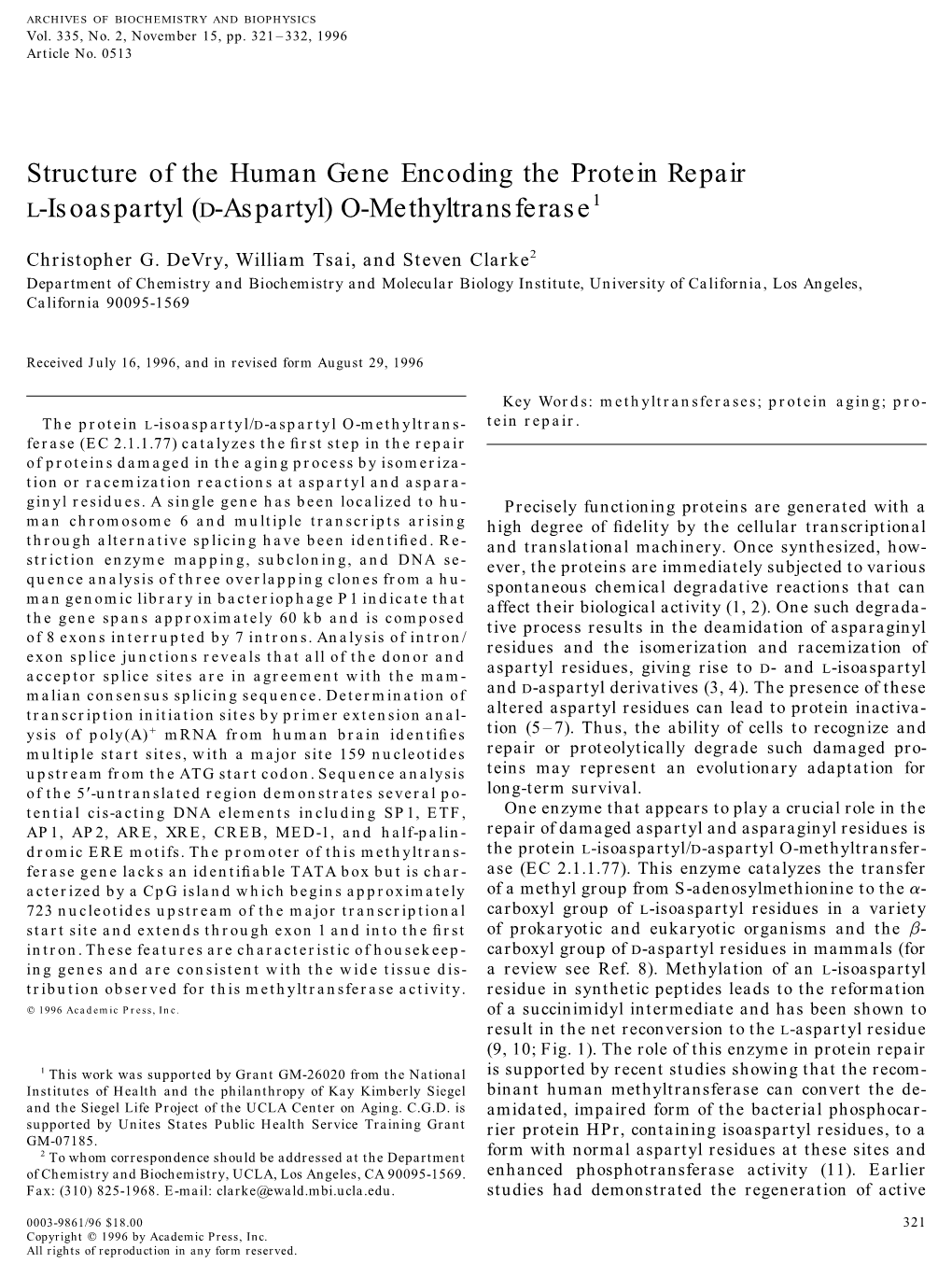 Structure of the Human Gene Encoding the Protein Repair L-Isoaspartyl (D-Aspartyl) O-Methyltransferase1