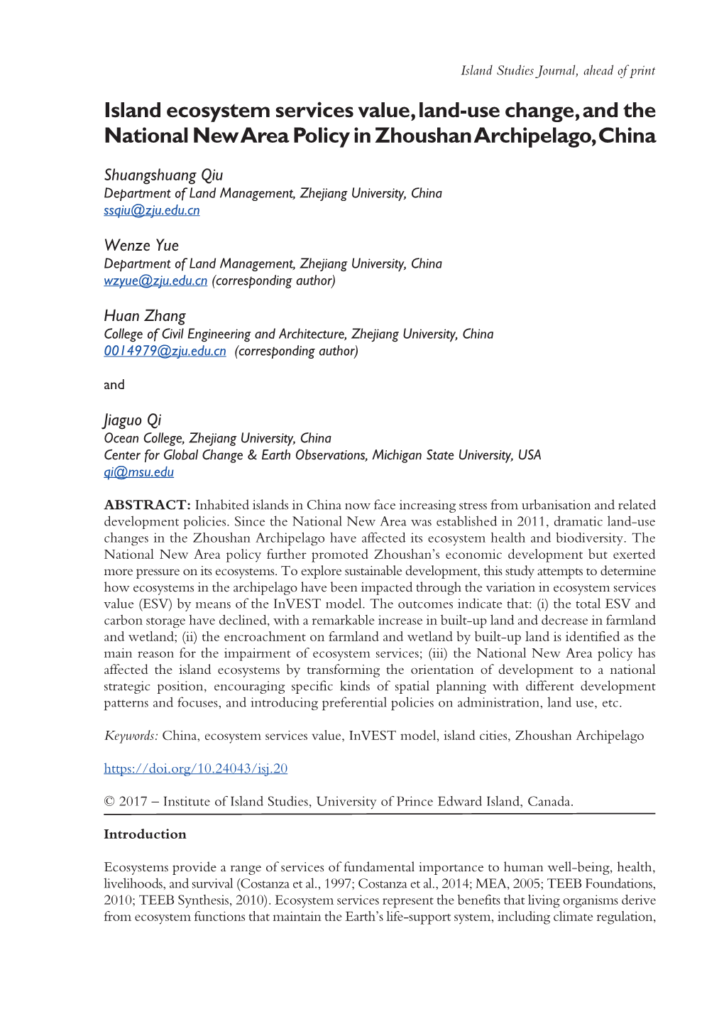 Island Ecosystem Services Value, Land-Use Change, and the National New Area Policy in Zhoushan Archipelago, China