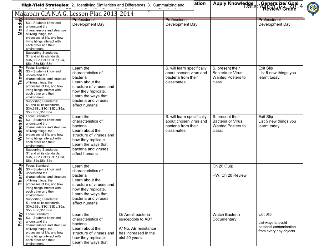 Teacher: E. Vásquez Subject: BIOLOGY Date:March 3-7, 2014