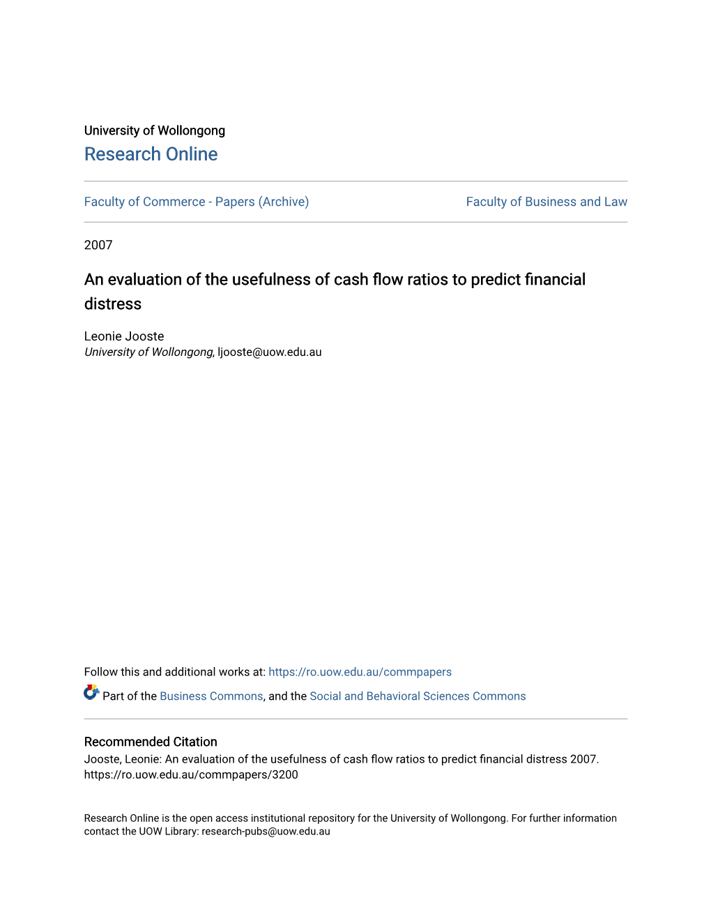 An Evaluation of the Usefulness of Cash Flow Ratios to Predict Financial Distress