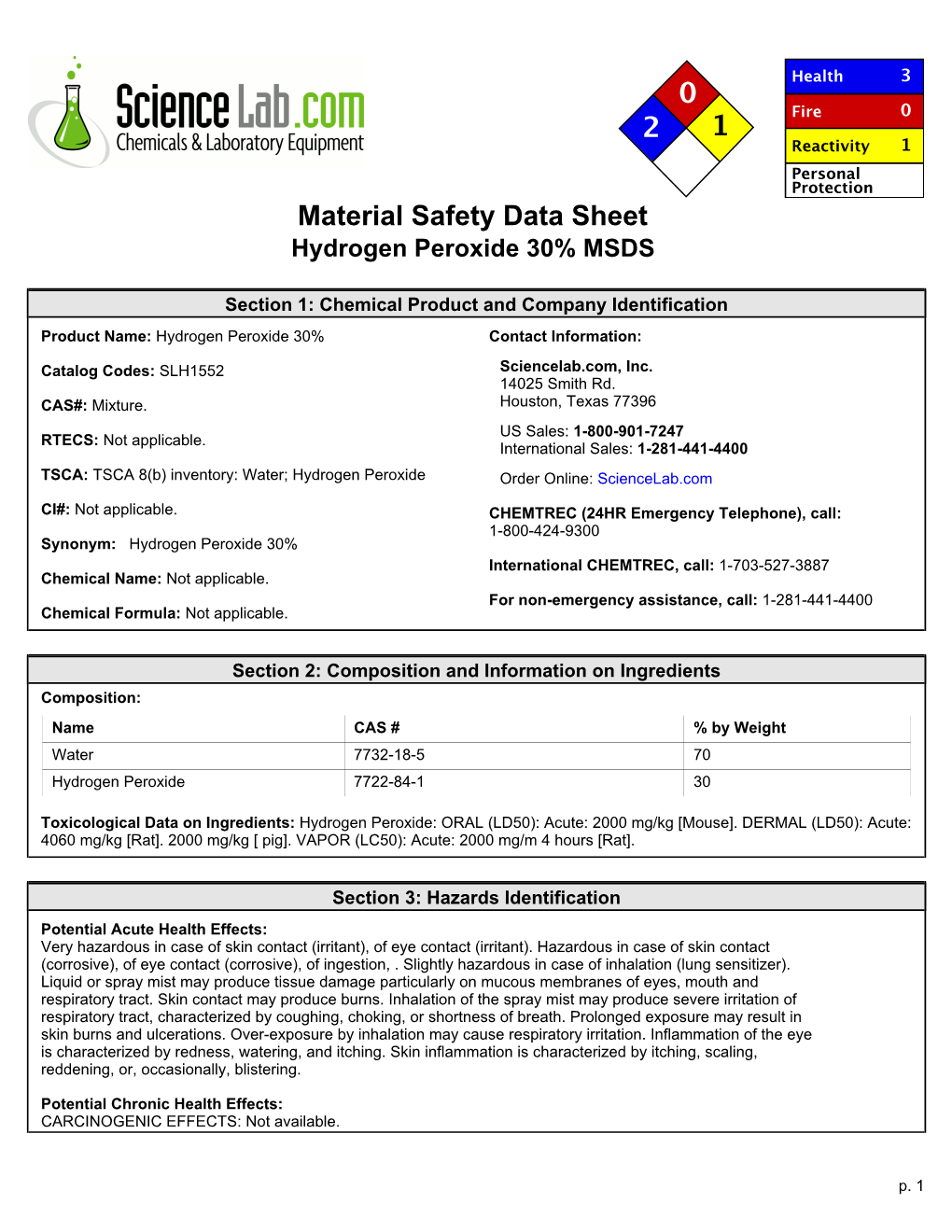 Material Safety Data Sheet Hydrogen Peroxide 30% MSDS