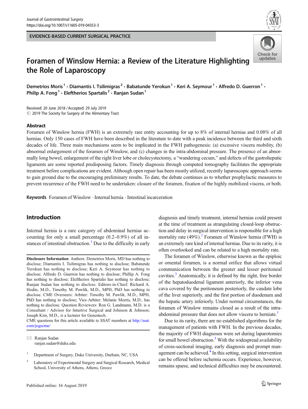 Foramen of Winslow Hernia: a Review of the Literature Highlighting the Role of Laparoscopy