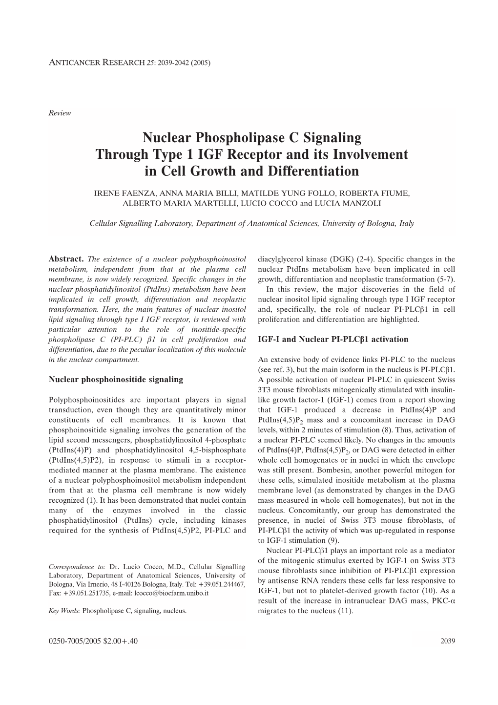 Nuclear Phospholipase C Signaling Through Type 1 IGF Receptor and Its Involvement in Cell Growth and Differentiation