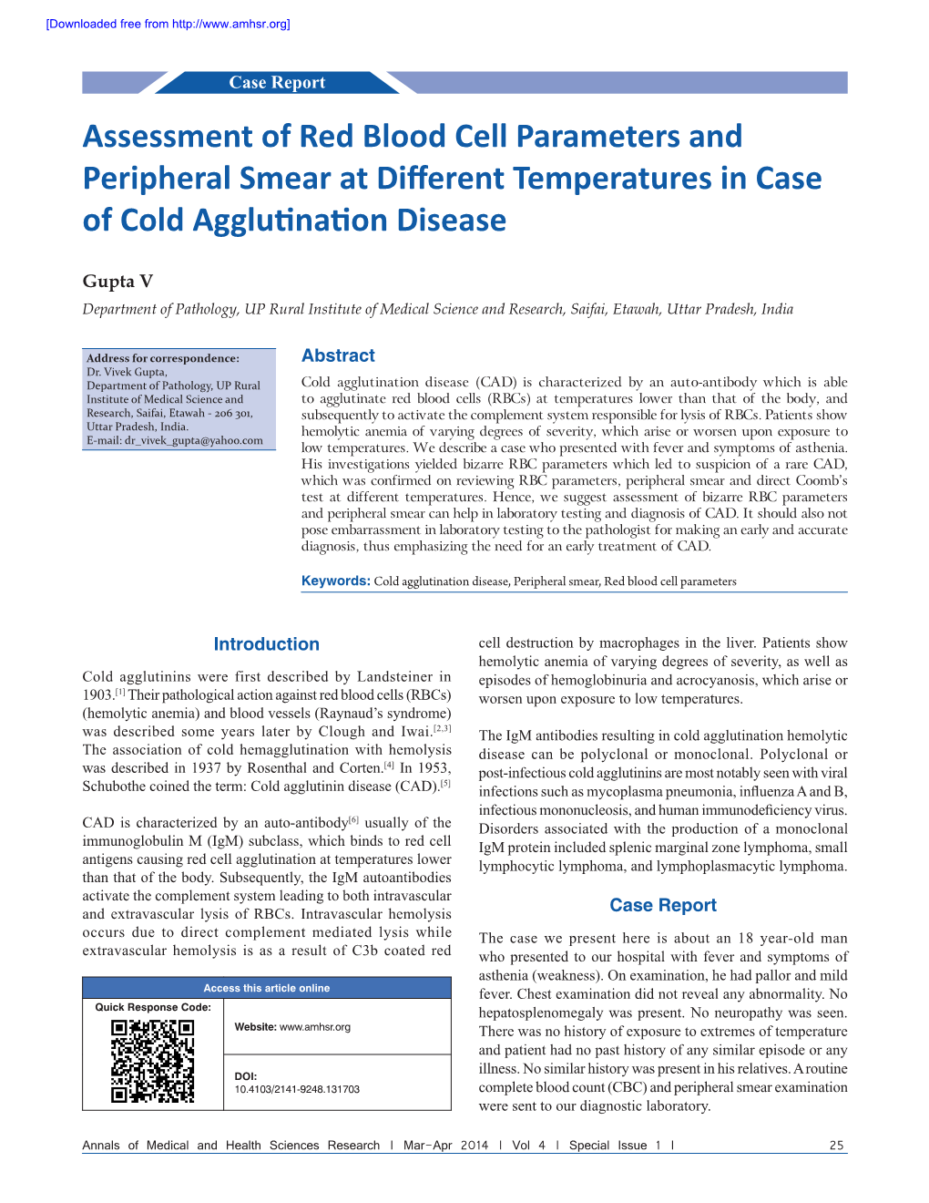 Assessment of Red Blood Cell Parameters and Peripheral Smear at Different Temperatures in Case of Cold Agglutination Disease