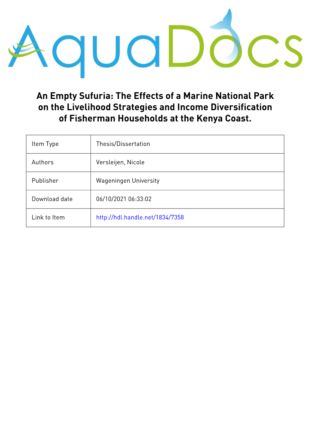 An Empty Sufuria: the Effects of a Marine National Park on the Livelihood Strategies and Income Diversification of Fisherman Households at the Kenya Coast