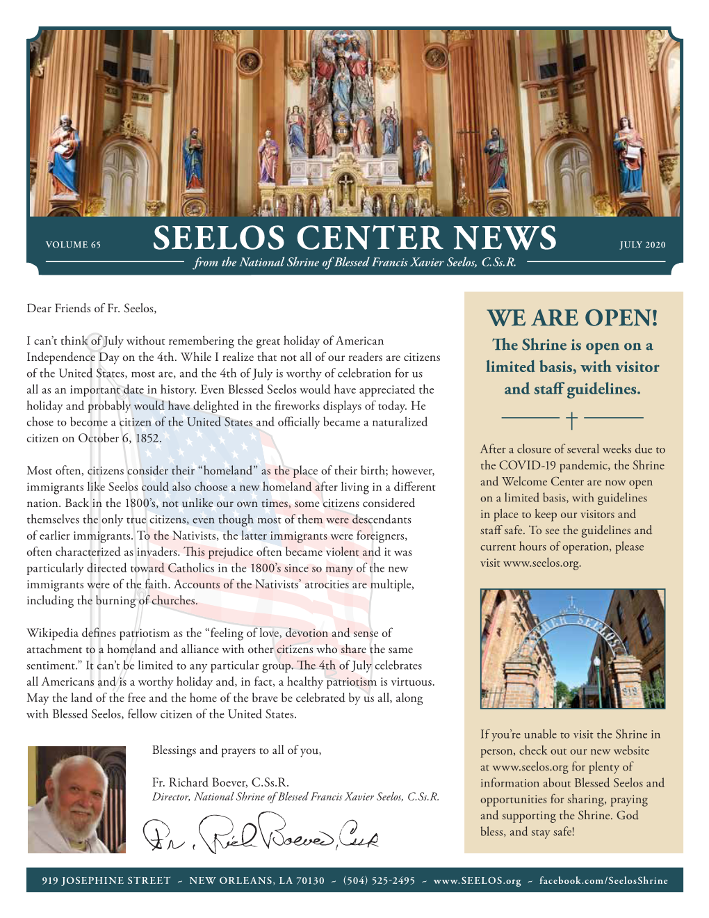SEELOS CENTER NEWS JULY 2020 from the National Shrine of Blessed Francis Xavier Seelos, C.Ss.R