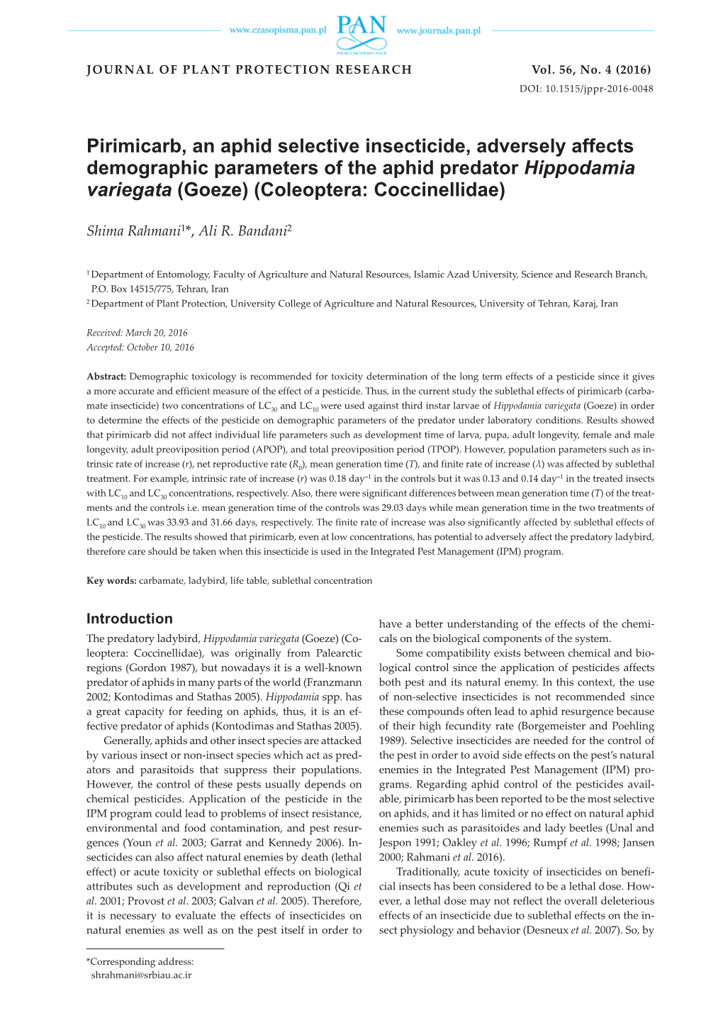 Pirimicarb, an Aphid Selective Insecticide, Adversely Affects Demographic Parameters of the Aphid Predator Hippodamia Variegata (Goeze) (Coleoptera: Coccinellidae)