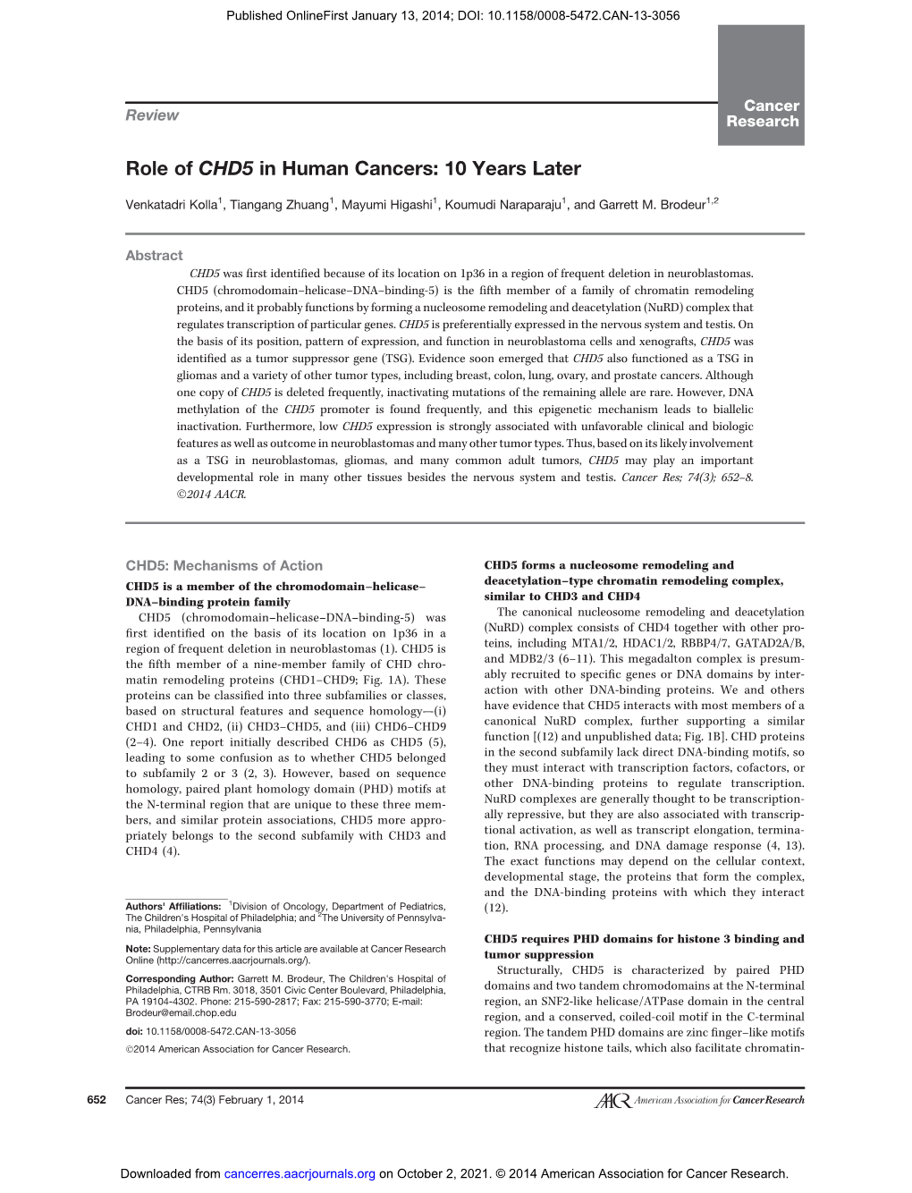 Role of CHD5 in Human Cancers: 10 Years Later