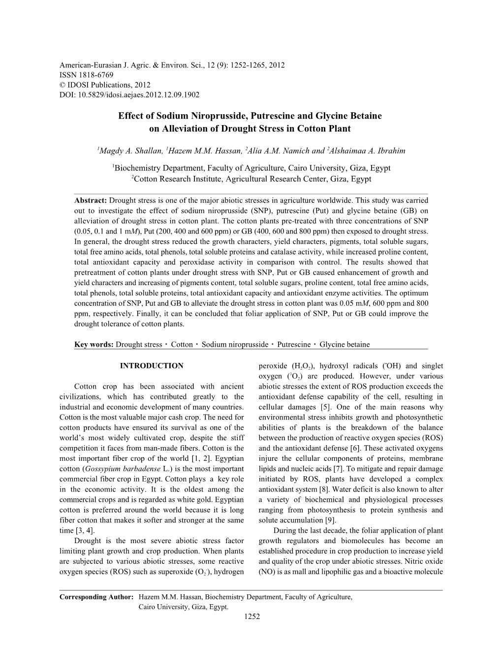 Effect of Sodium Niroprusside, Putrescine and Glycine Betaine on Alleviation of Drought Stress in Cotton Plant