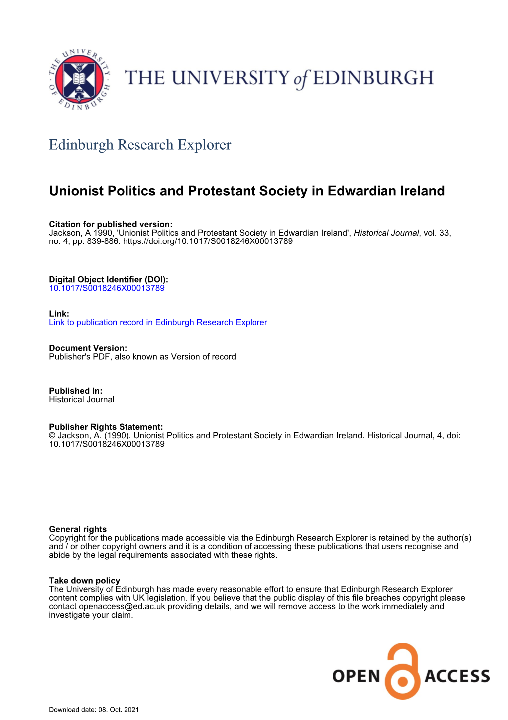 Unionist Politics and Protestant Society in Edwardian Ireland