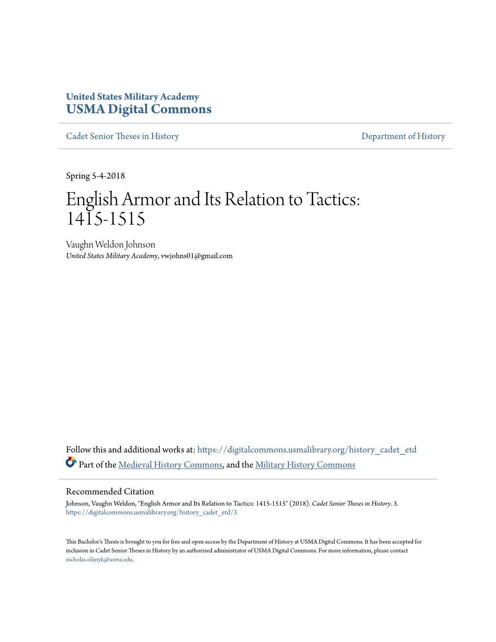 English Armor and Its Relation to Tactics: 1415-1515 Vaughn Weldon Johnson United States Military Academy, Vwjohns01@Gmail.Com