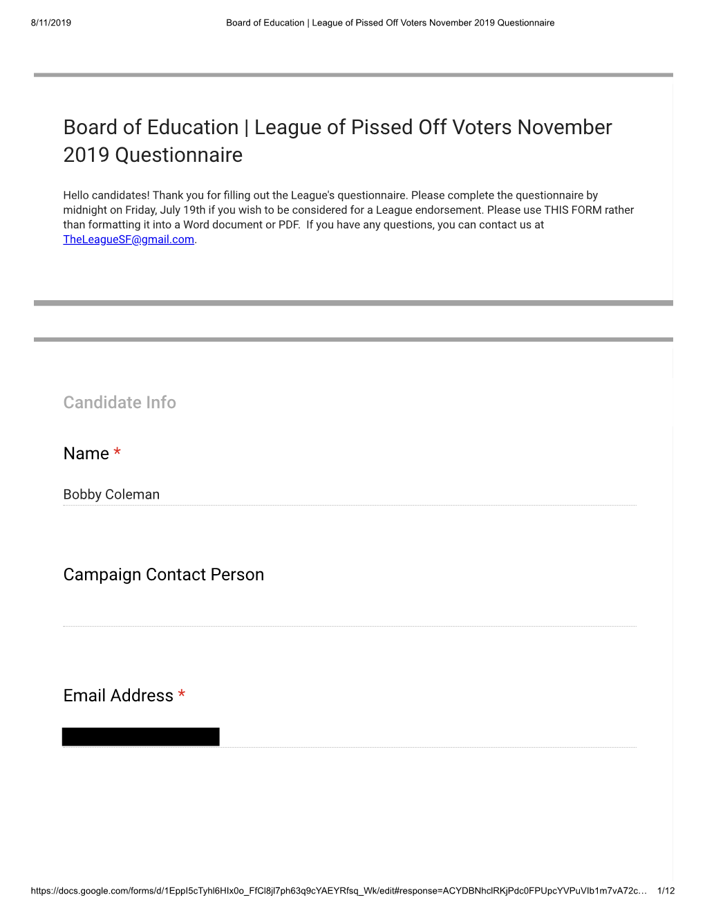Board of Education | League of Pissed Off Voters November 2019 Questionnaire