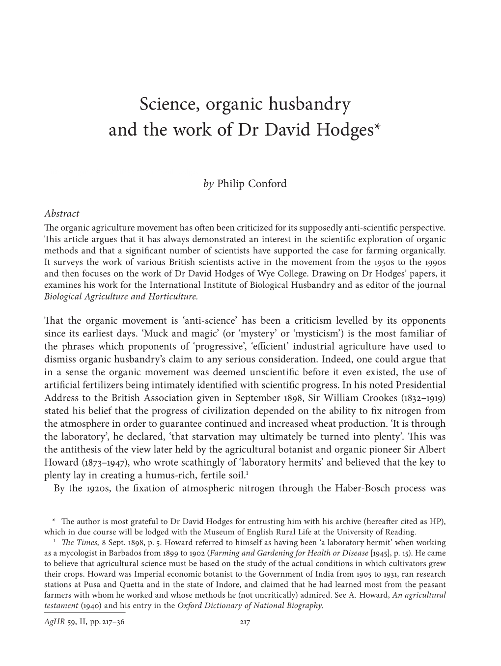 Science, Organic Husbandry and the Work of Dr David Hodges*