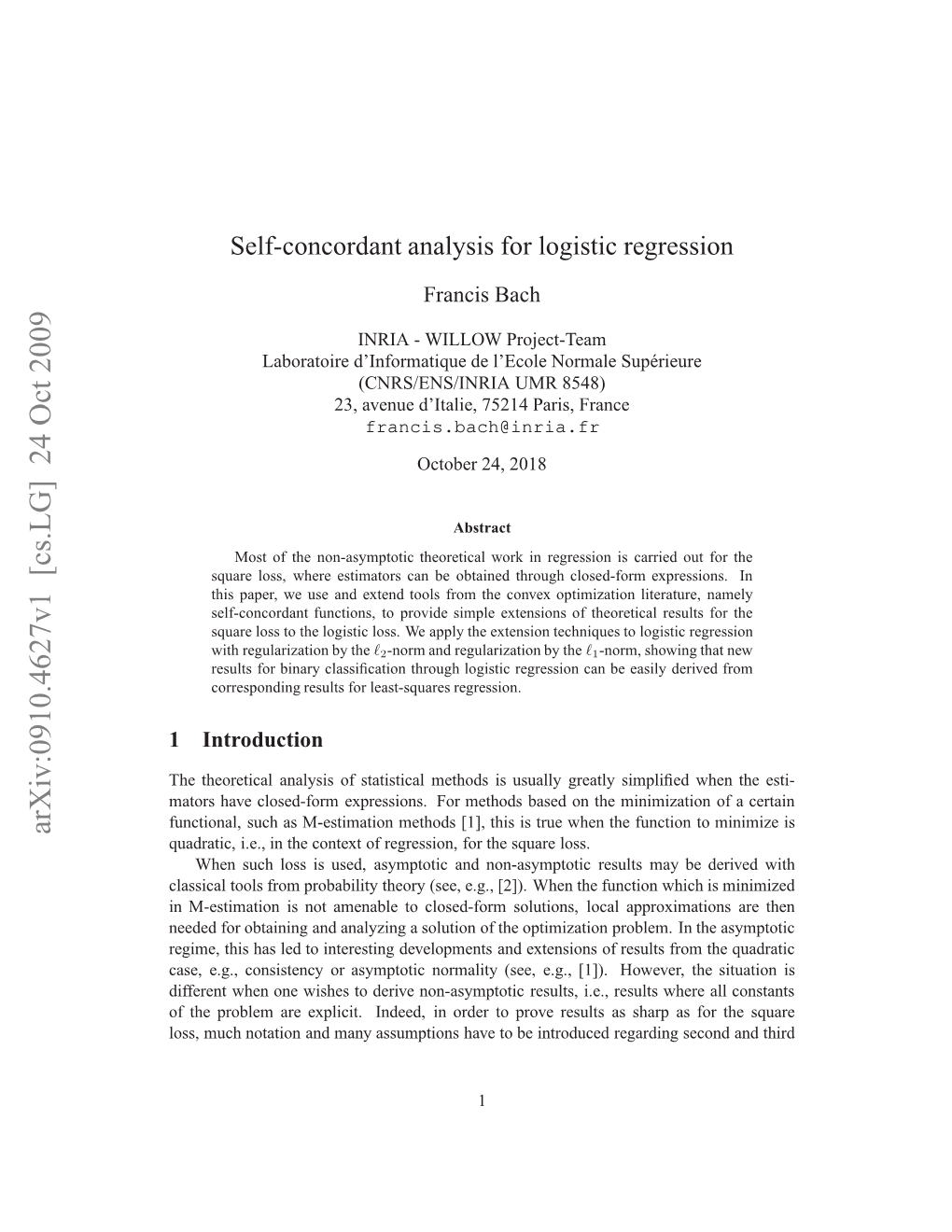 Self-Concordant Analysis for Logistic Regression