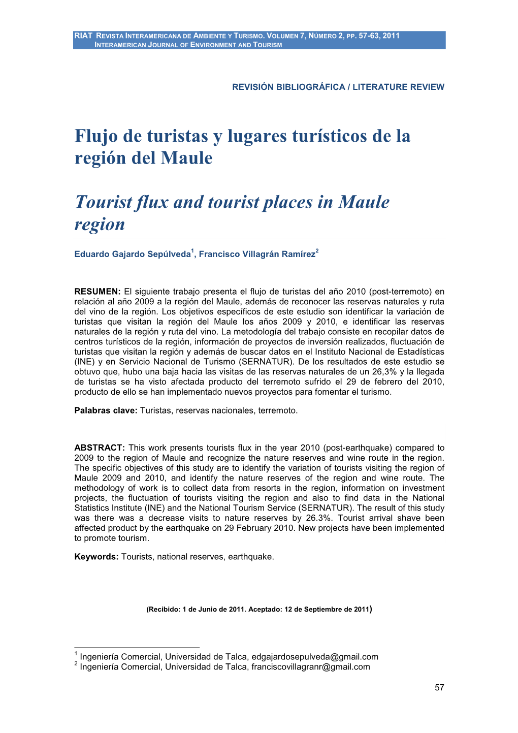 Flujo De Turistas Y Lugares Turísticos De La Región Del Maule