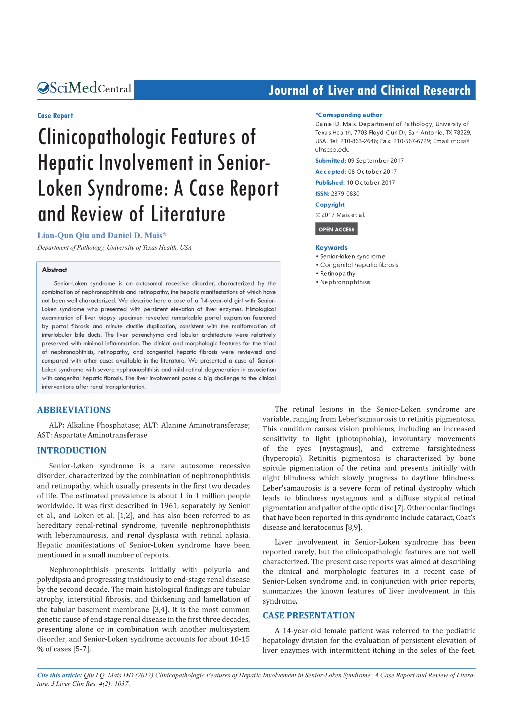 Clinicopathologic Features of Hepatic Involvement in Senior-Loken Syndrome: a Case Report and Review of Litera- Ture