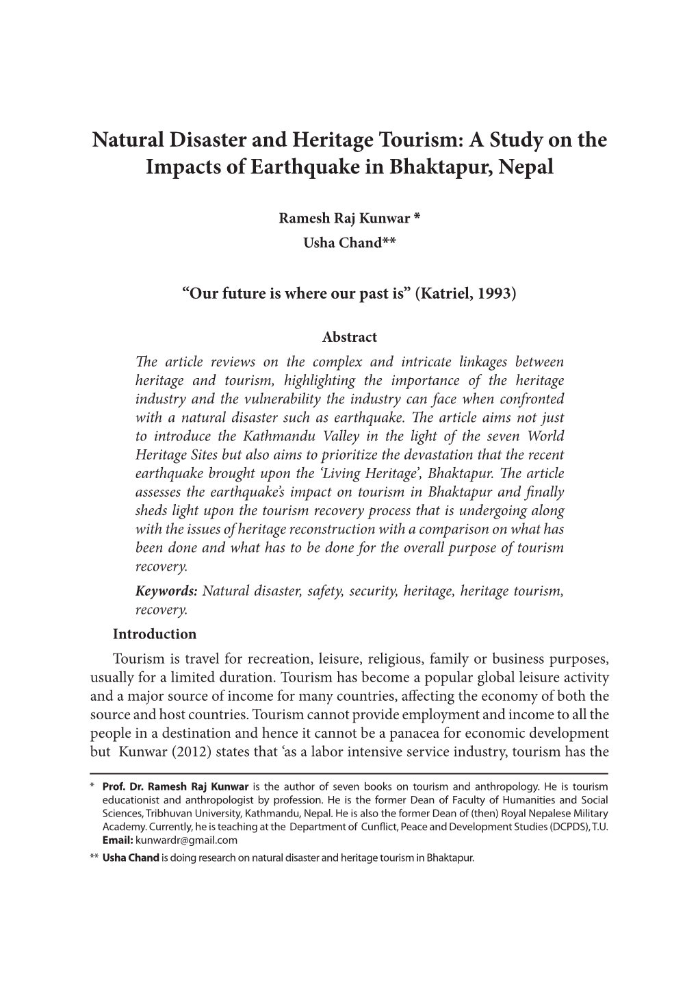 Natural Disaster and Heritage Tourism: a Study on the Impacts of Earthquake in Bhaktapur, Nepal