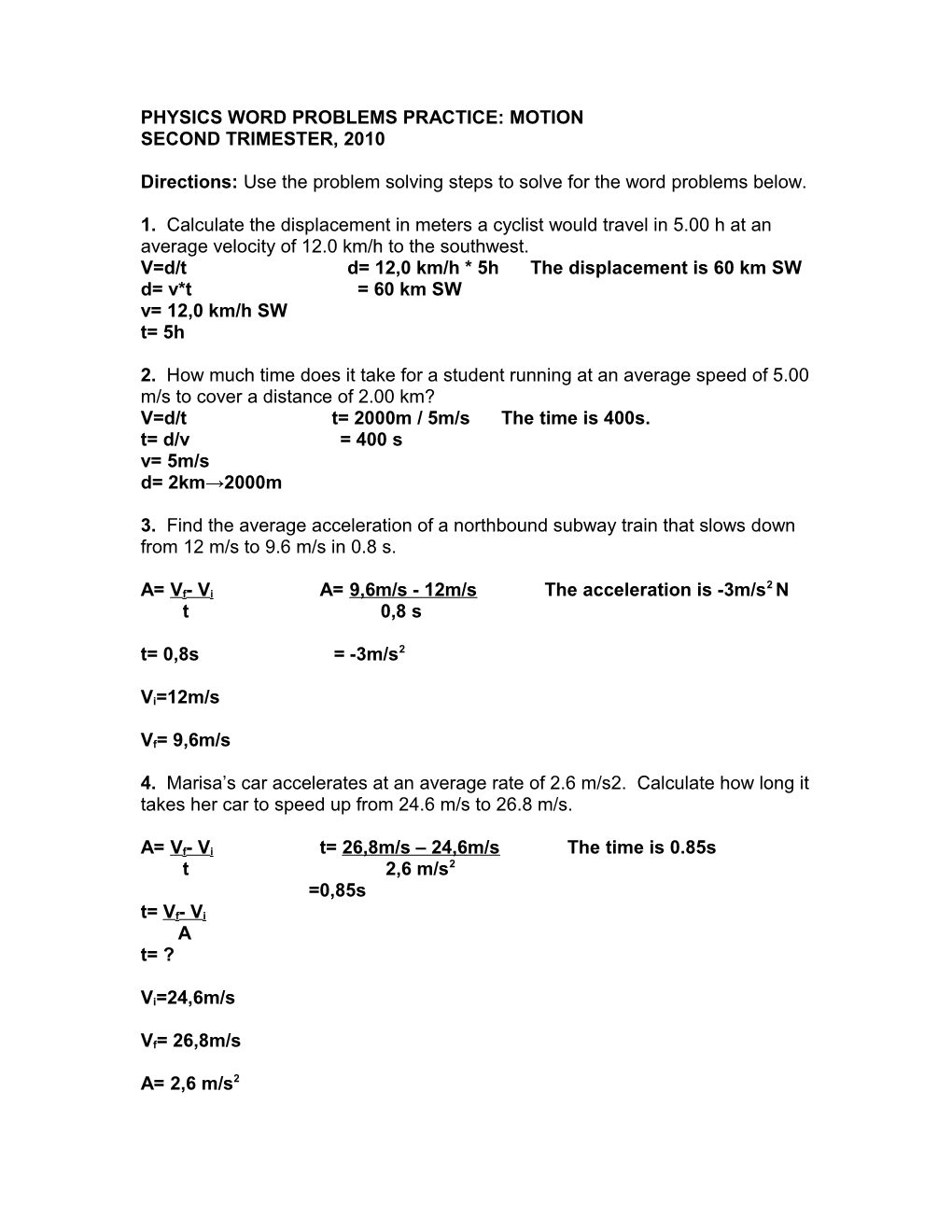 Physics Word Problems Practice: Motion