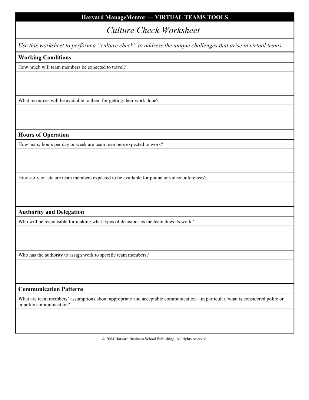 Worksheet for Forming a Team