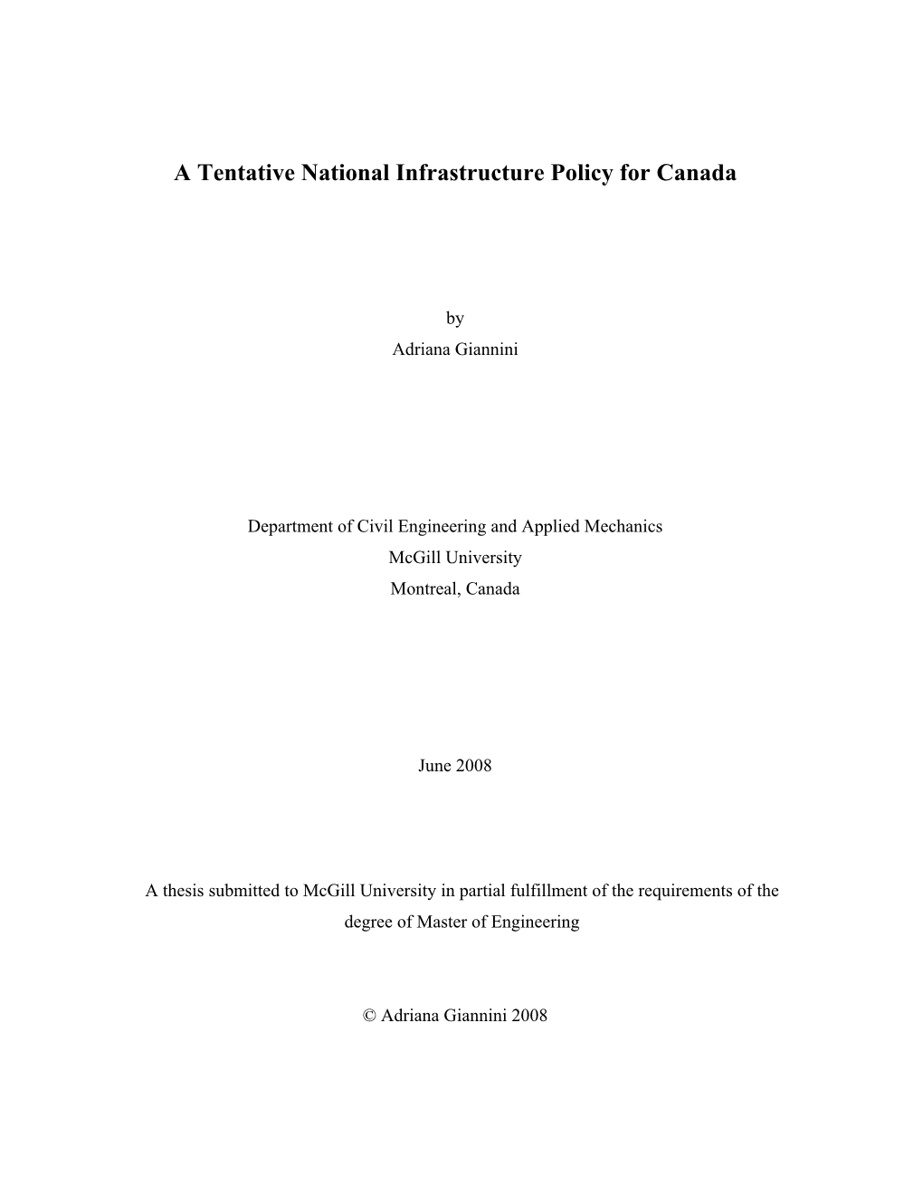 A Tentative National Infrastructure Policy for Canada