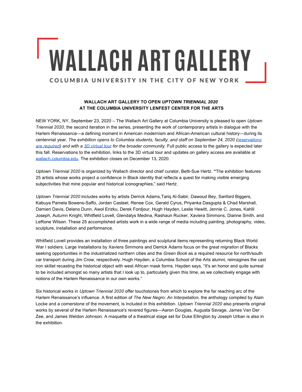 Wallach Art Gallery to Open ​Uptown Triennial 2020 At