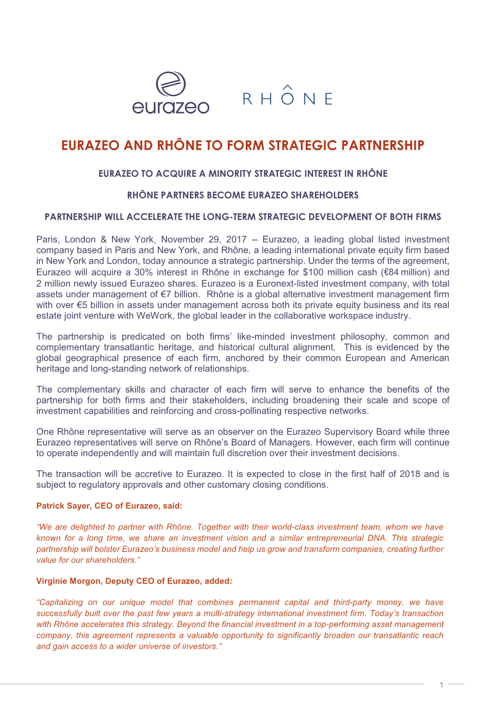Eurazeo and Rhône to Form Strategic Partnership