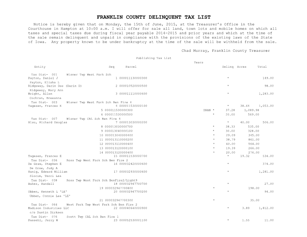 Franklin County Delinquent Tax List