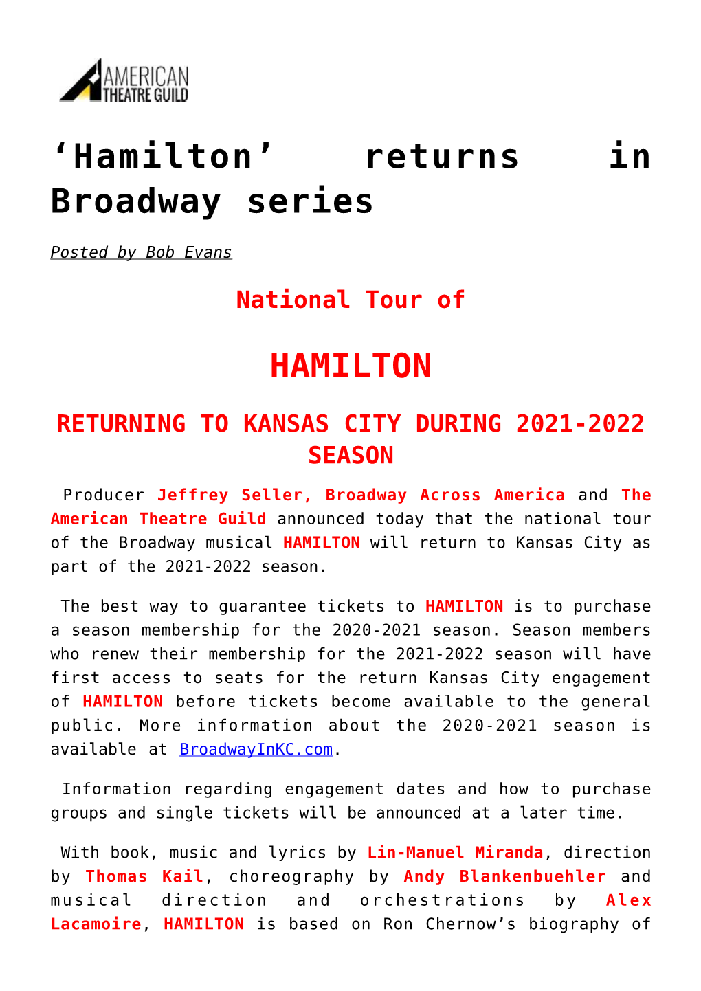 Returns in Broadway Series