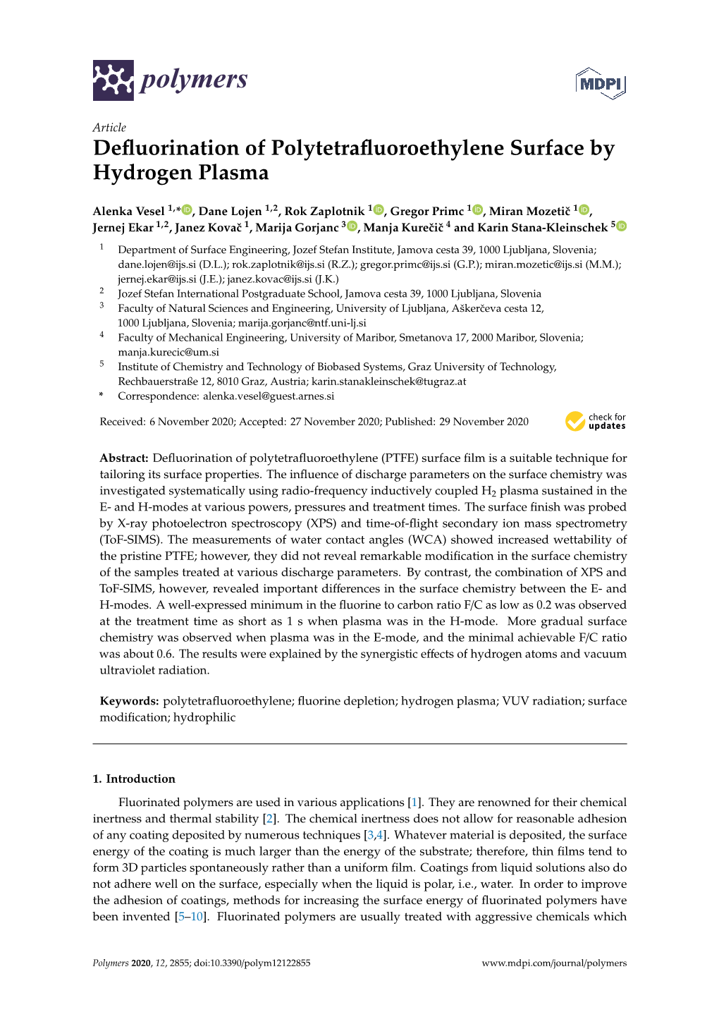 Defluorination of Polytetrafluoroethylene Surface By