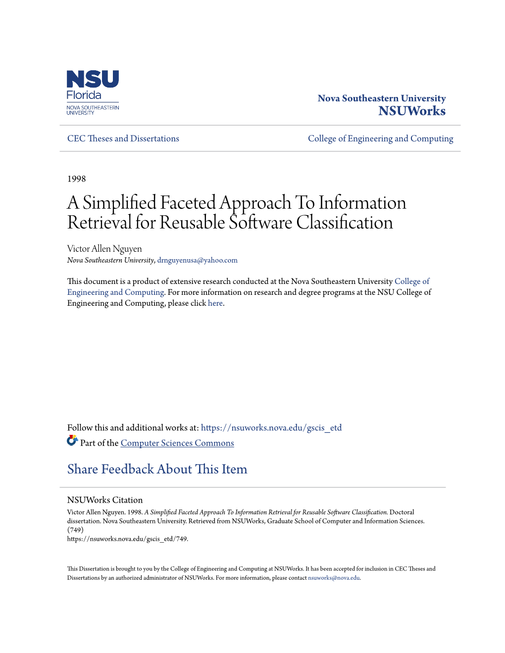 A Simplified Faceted Approach to Information Retrieval for Reusable Software Classification