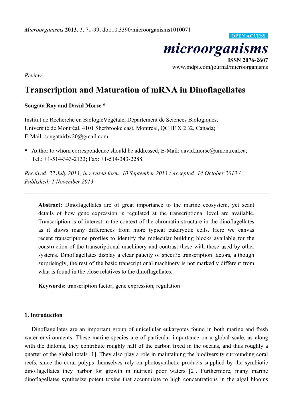 Transcription and Maturation of Mrna in Dinoflagellates