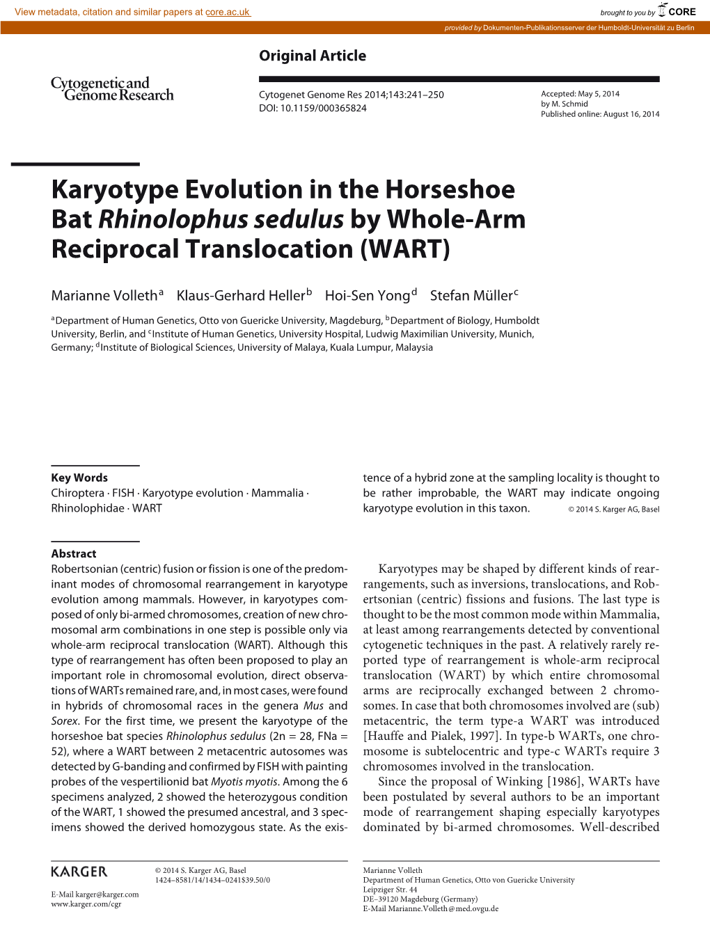 Karyotype Evolution in the Horseshoe Bat Rhinolophus Sedulus by Whole-Arm Reciprocal Translocation (WART)