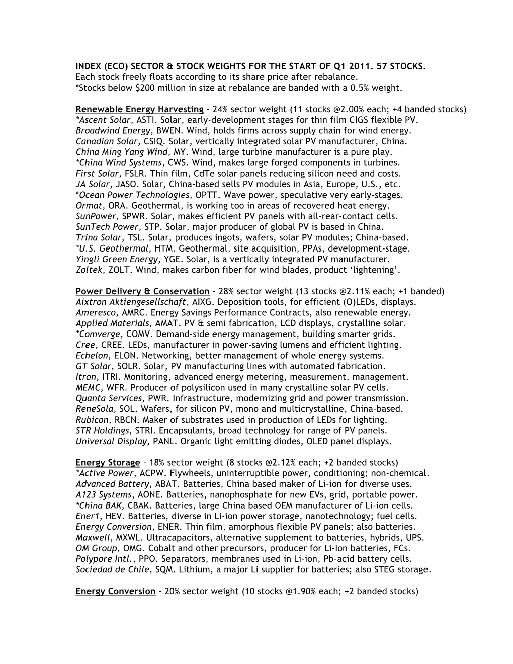 Sectors, Weights, ECO Q1 2011