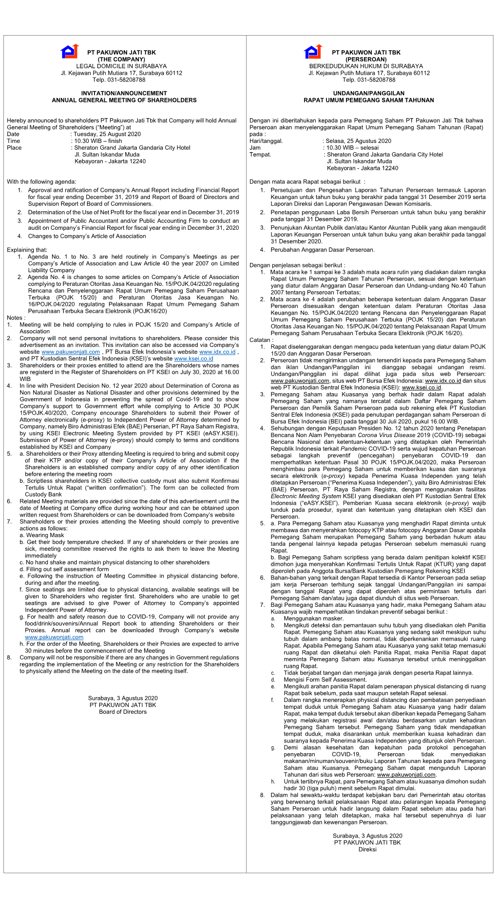 PT PAKUWON JATI TBK (THE COMPANY) (PERSEROAN) LEGAL DOMICILE in SURABAYA BERKEDUDUKAN HUKUM DI SURABAYA Jl