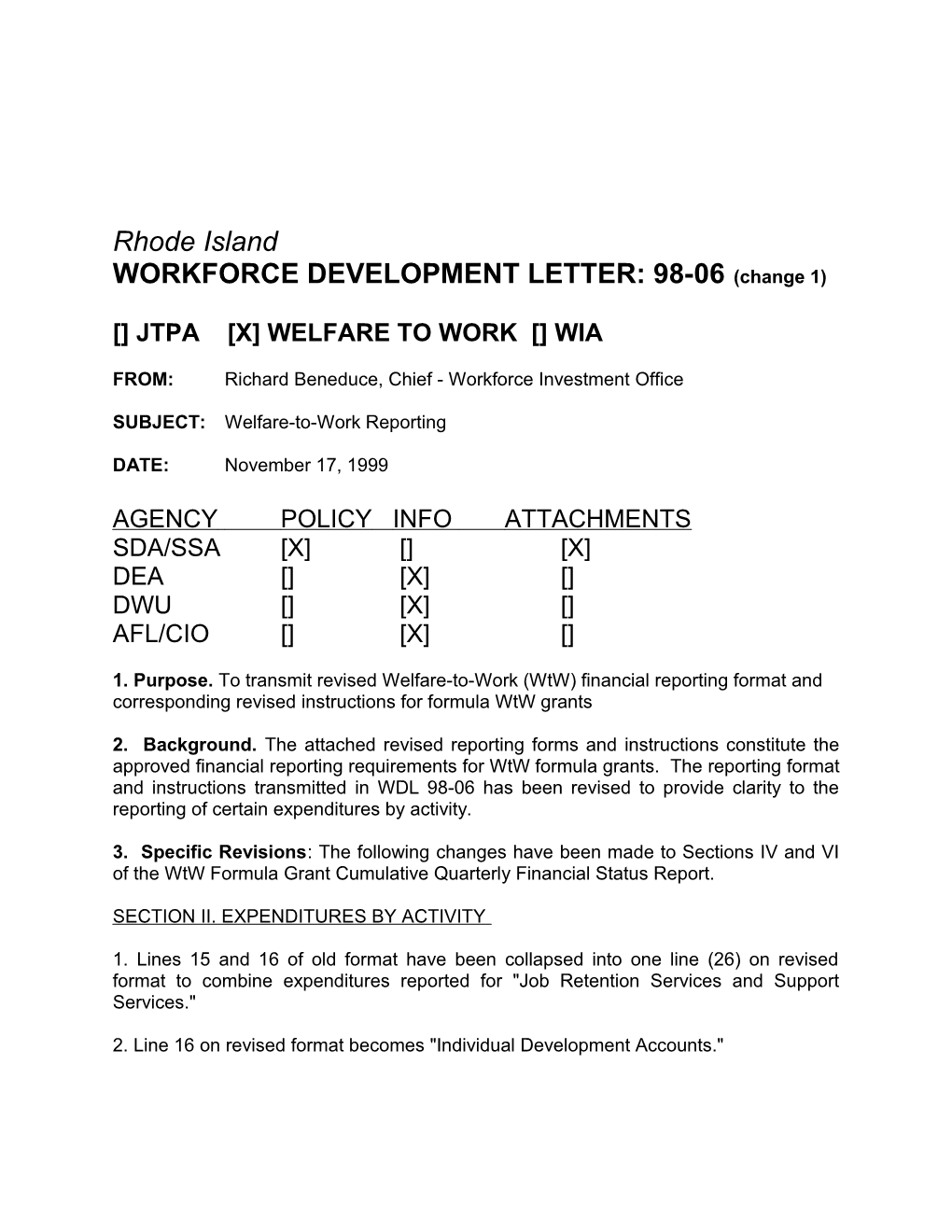 WORKFORCE DEVELOPMENT LETTER: 98-06 (Change 1)