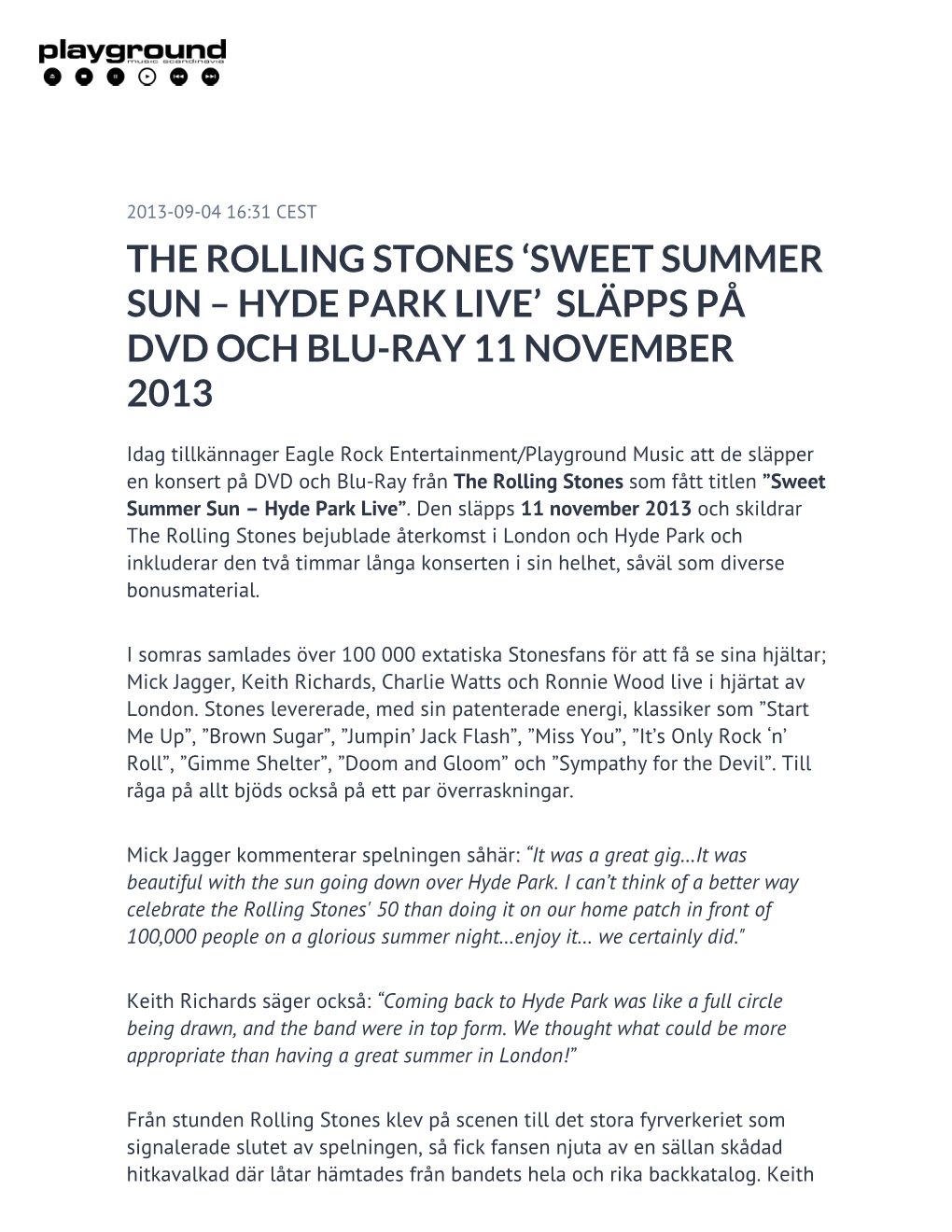 The Rolling Stones ‘Sweet Summer Sun – Hyde Park Live’ Släpps På Dvd Och Blu-Ray 11 November 2013