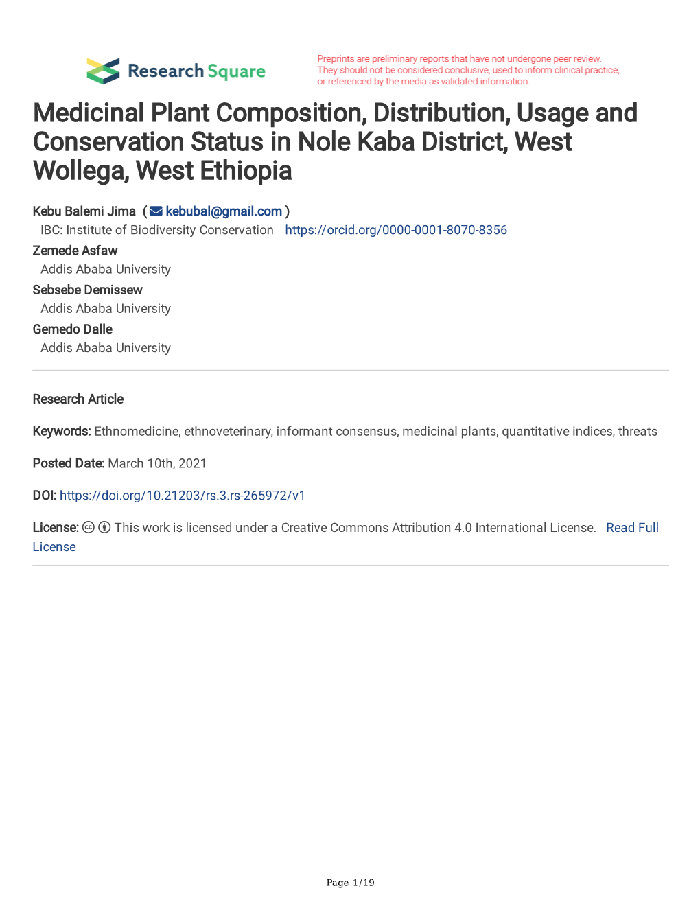 Medicinal Plant Composition, Distribution, Usage and Conservation Status in Nole Kaba District, West Wollega, West Ethiopia